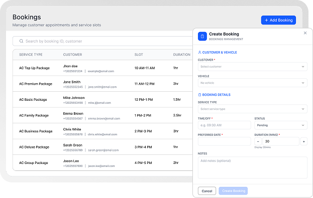 Bookings Management Table