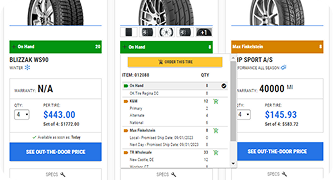 Inventory control interface showing alloy wheel stock levels and details