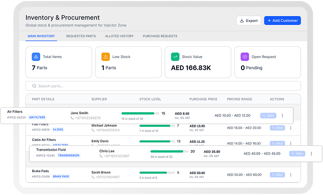 Garagzy inventory management interface