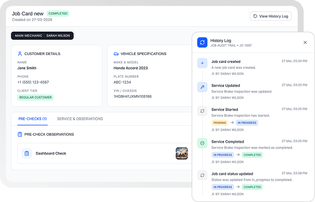 Garagzy job card and history log interface