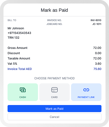 Garagzy payment and billing interface