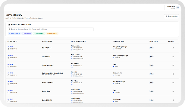 Garagzy service history interface