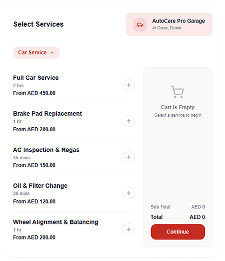Garagzy online service selection interface