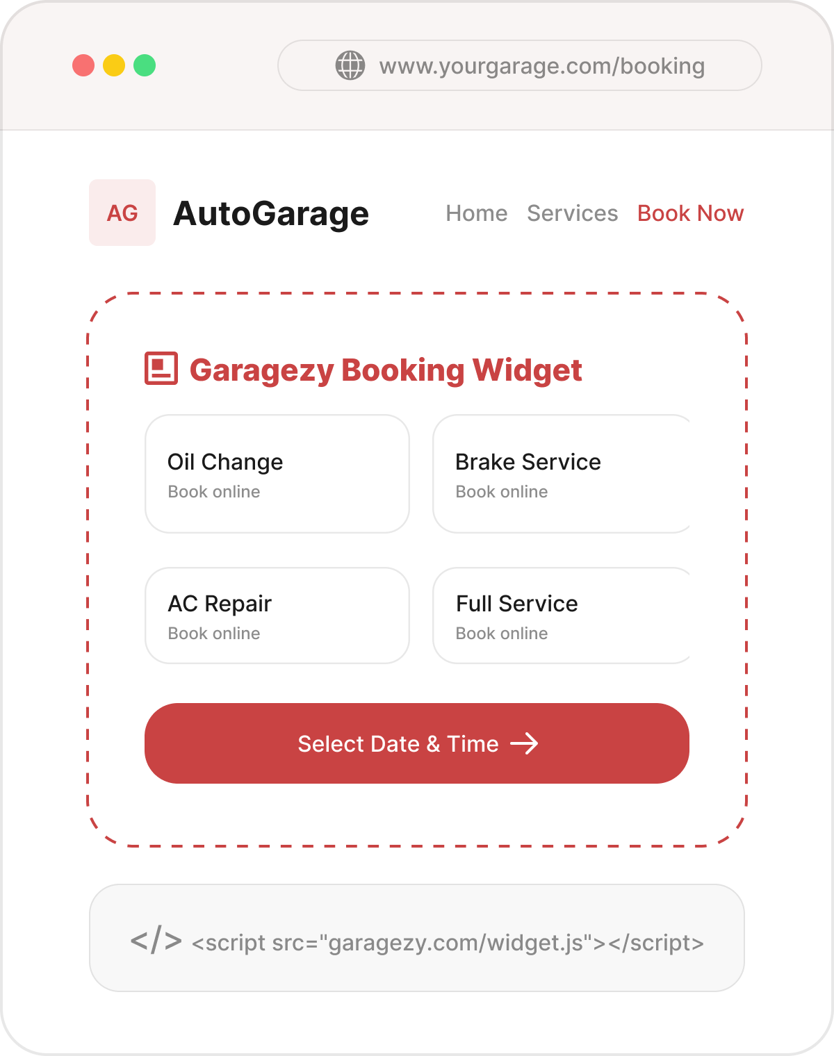 Garagzy website booking widget integration preview
